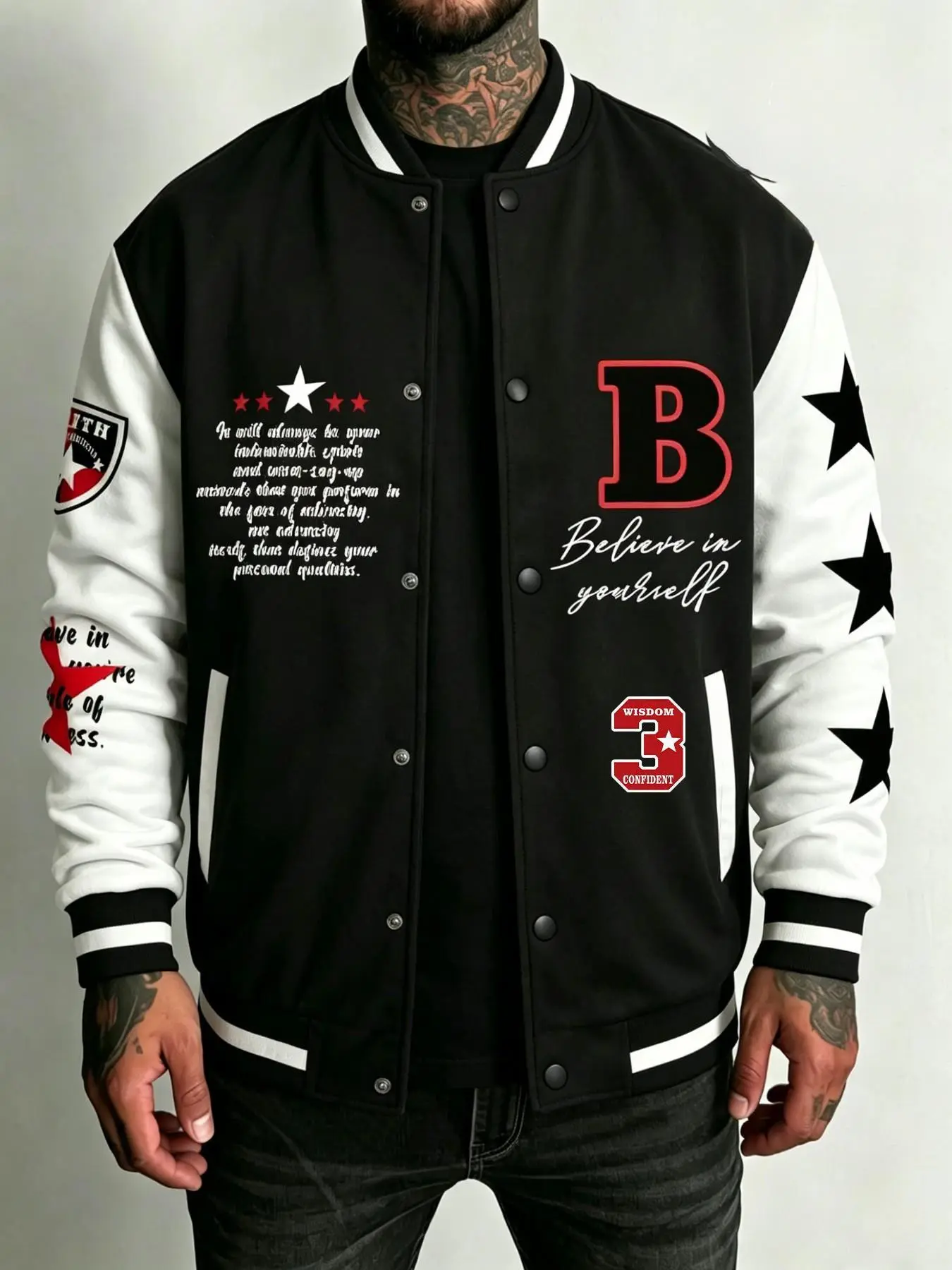 Plus Size Men's Slogan & Figure & Stars Print Button Front Thermal Lined Varsity Jacket, Casual Regular Fit White and Black Colorblock Long Sleeve Pocket Baseball Collar Outerwear for Fall & Winter, Men's Clothes for Daily Wear