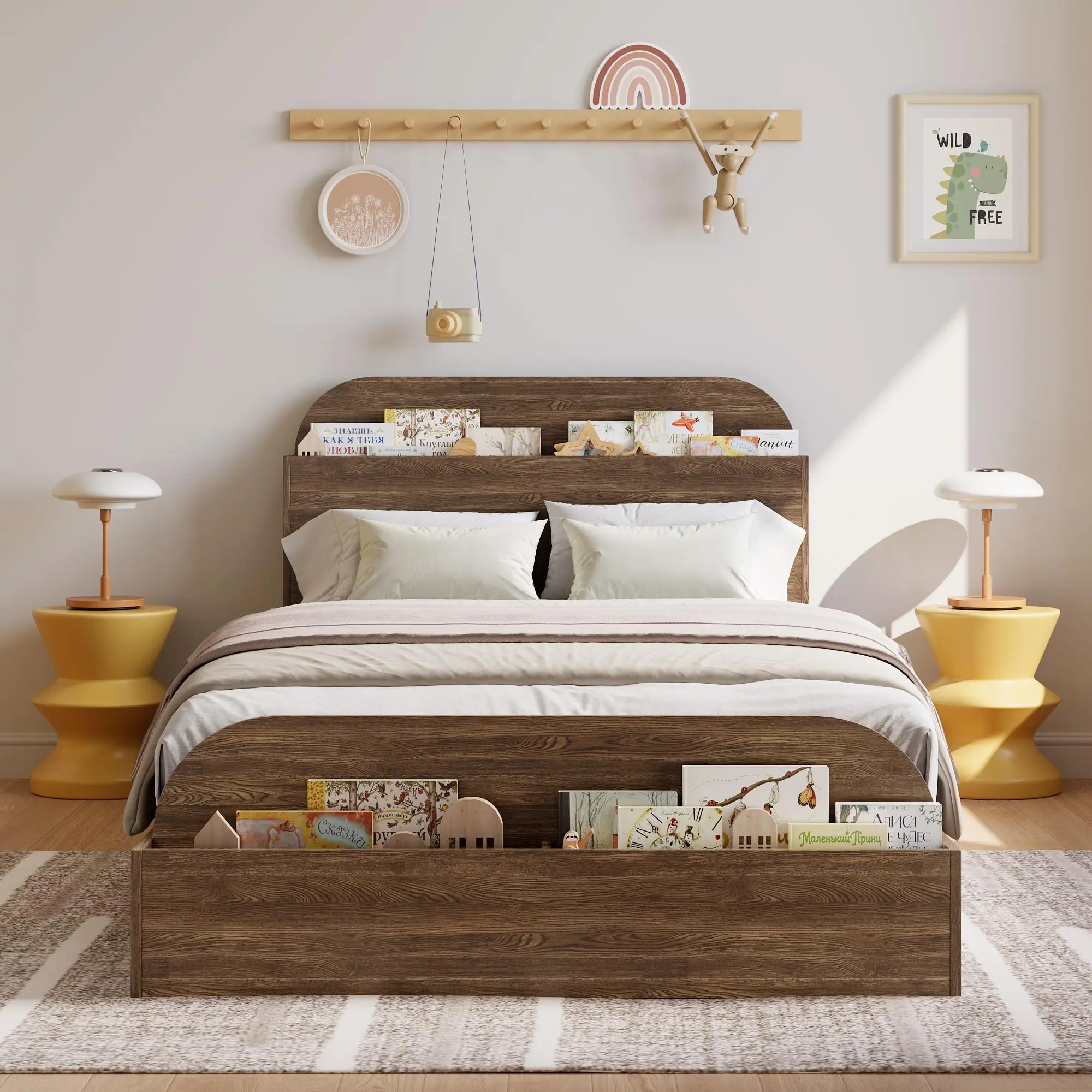 Twin Size Wood Bed Frame with Storage Headboard & Footboard, Low-Profile Platform Bed, No Box Spring Needed, 12 Slats, Walnut Finish