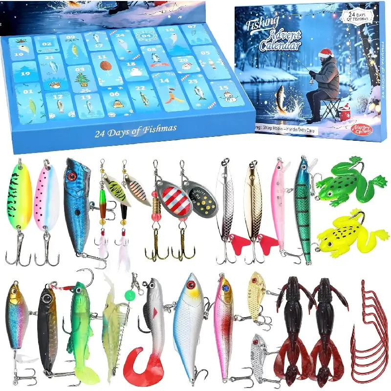 2025 Holiday Theme Fishing Lure Advent Calendar, 24-Day Christmas Countdown Set with Artificial Lures, Perfect Gift for Men/Teens, Boys’ Fishing Tackle Supplies