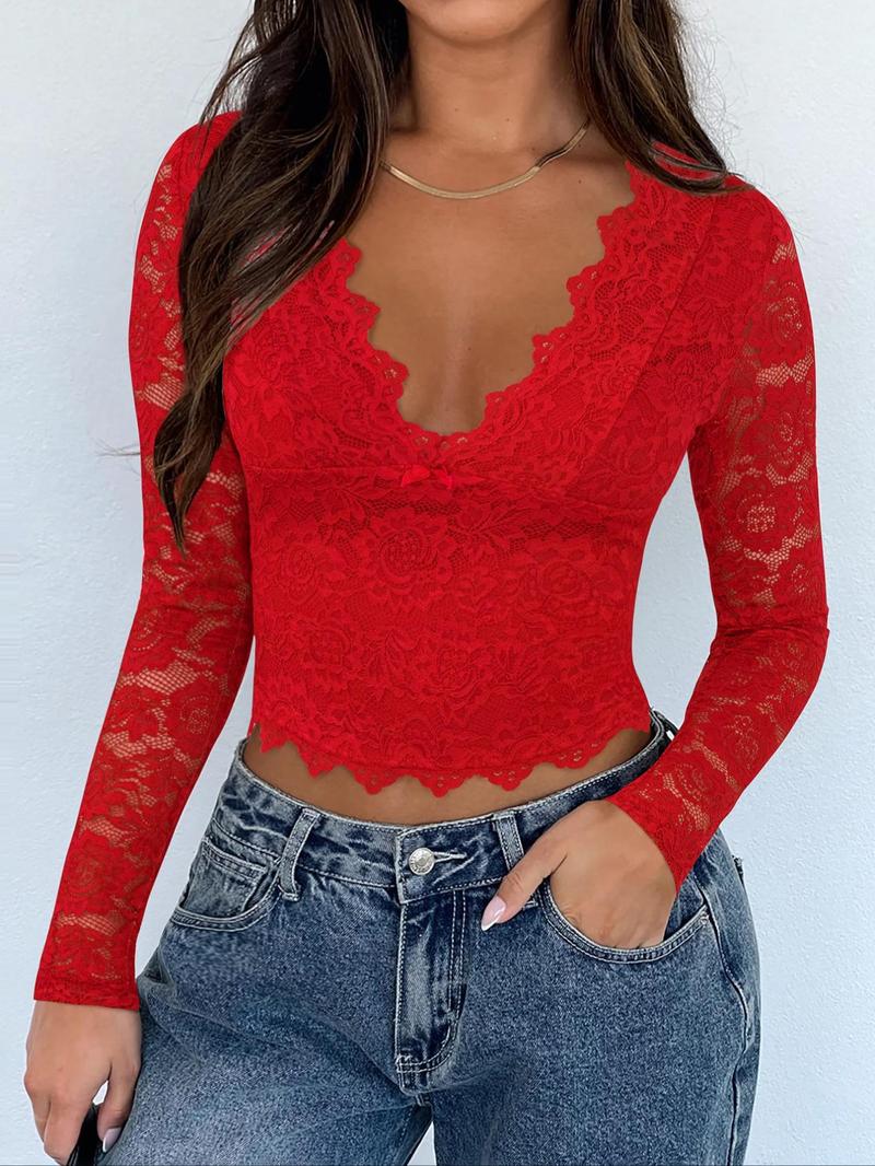 Women's Y2K V-Neck Long Sleeve Top, Contrast Lace Design, Casual Fitted Plain Shirt, Spring & Fall Fashion, S-Type Silhouette
