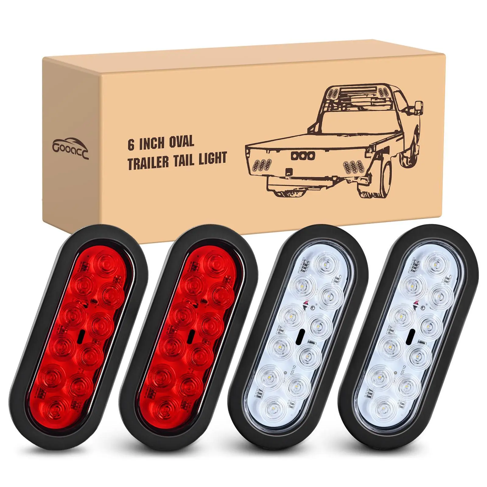 GOOACC 6In Rear Taillight Lamp (4PCS) - 10LED Dual Lighting High Brightness Stop/Turn, White Reverse Lights, Surface Mount Rubber Grommet, Plug-in Socket, IP67 Waterproof for Trucks/RVs