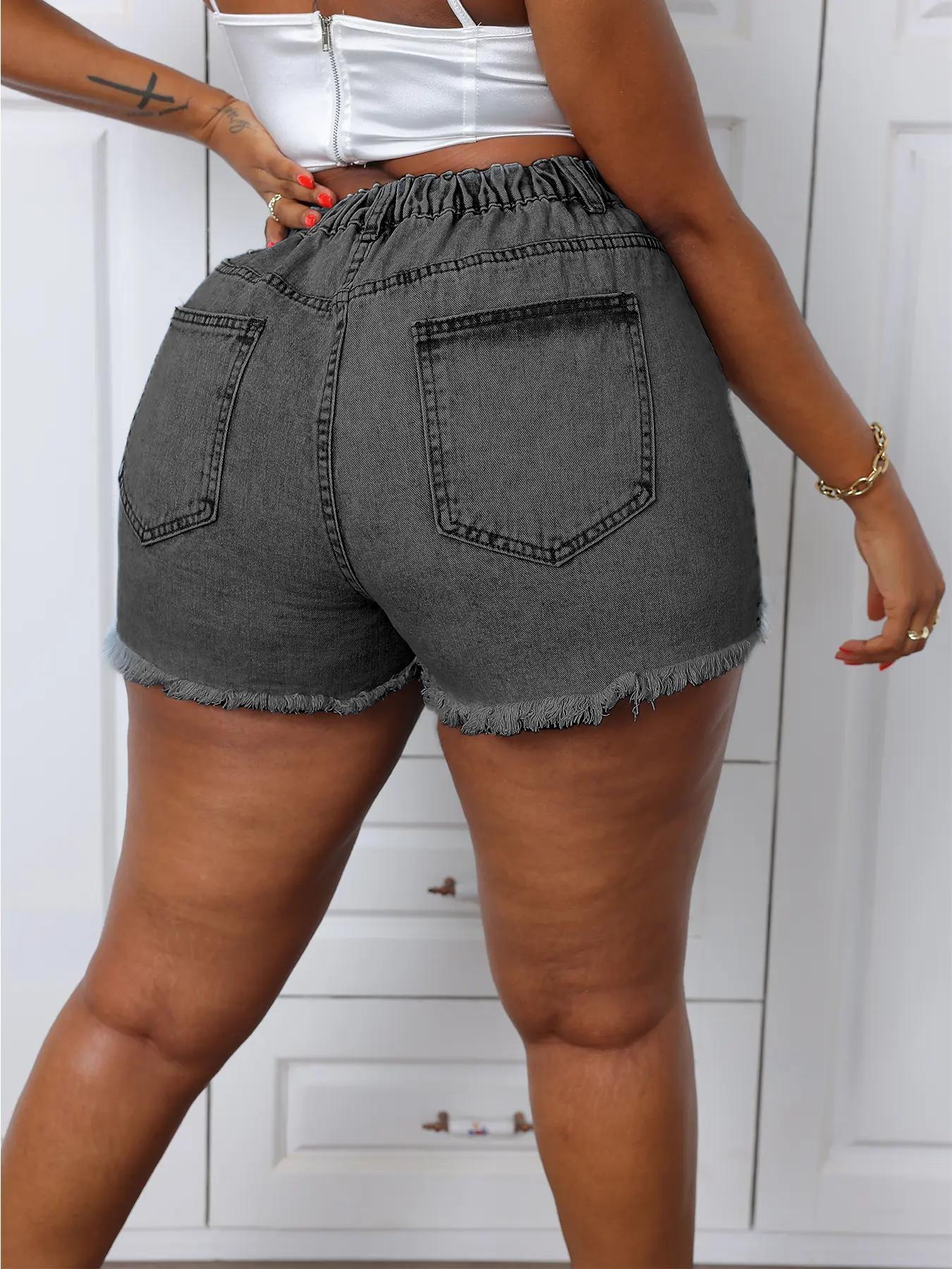 Plus Size Jeans Ripped High Waist Fitted Button Denim Shorts, Fashion Casual Pocket Shorts for Daily Outdoor Wear, Women Plus Size Jeanshort for Summer