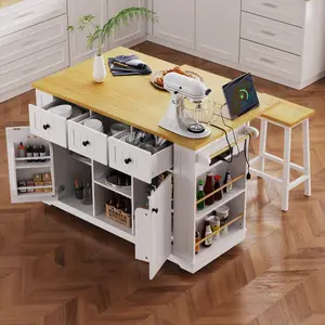AobtkelK&K 53inch Large Kitchen Island with Drop Leaf,Power Outlet,Door Internal Storage Rack,Rolling Kitchen Cart on 5 Wheels with 5 Open Side Racks for Kitchen,White (Two Packages)(Stools not included)