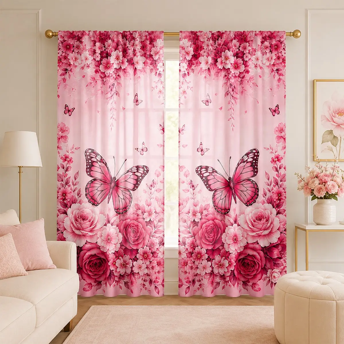 Rose Butterfly Curtain Set, 2-Piece Light Blocking Window Drapes, Floral Butterfly Print, Soft Decor for Bedroom, Wedding, Living Room