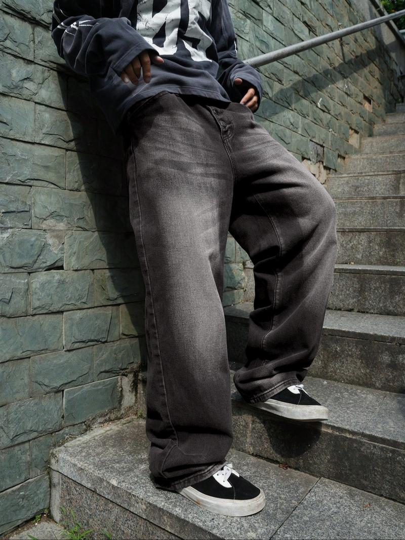 Men's Solid Button Fly Wide Leg Jeans, Loose Casual Comfy Denim Trousers for Daily Wear, Fashion Men's Bottoms for All Seasons, Denim Clothing