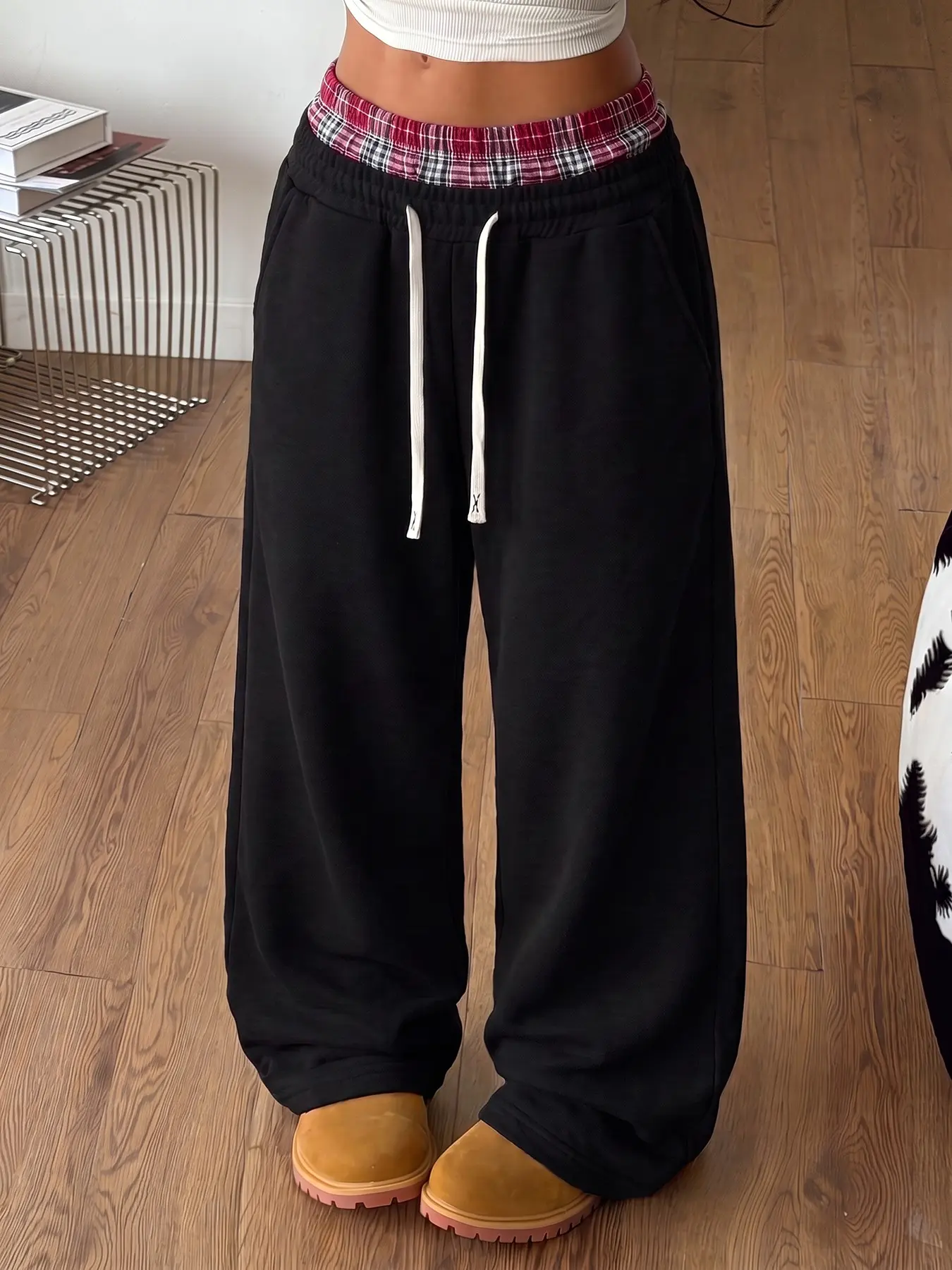 Women Sweatshirt Fabric Mock Two-Piece Fake Two Piece Plaid Contrast Layered Double Waist Elastic Drawstring Baggy Oversized Wide Leg Vintage Streetwear Y2K Daily Casual Loungewear Outdoor Jogger Sweatpants For Trendy Teen Girls Aesthetic Everyday Fashion
