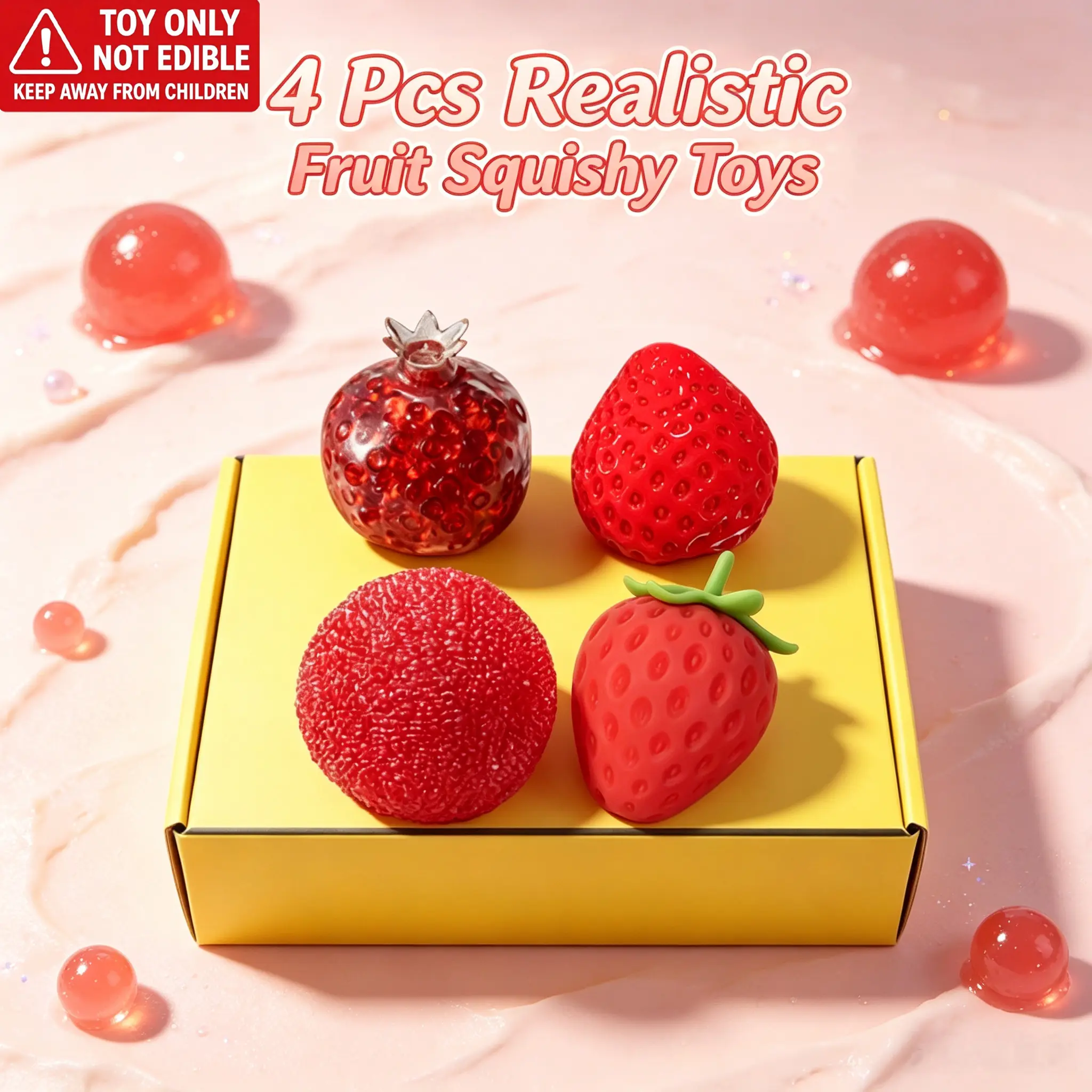 4 Pcs Realistic Fruit Squishy Toys, Sensory Fidget Toys for Stress Relief, Include Waxberry, Strawberry & Pomegranate Squeeze Balls, Help Improve Focus & Calm Mood, Cute Desktop Decor for Kids & Adults (Red)