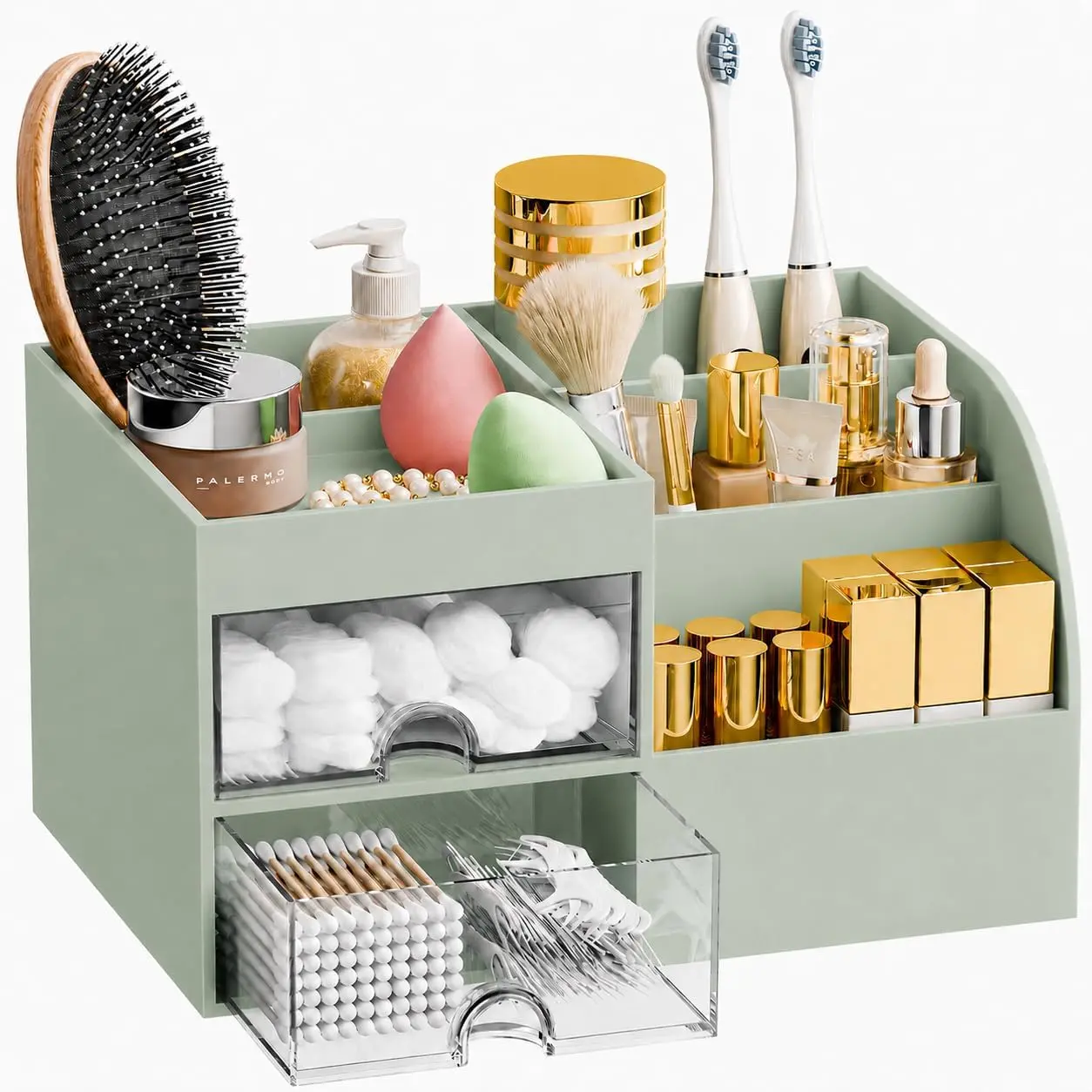 Makeup Organizer with 2 Drawers, Makeup Organizers Countertop for  and Bathroom, Make up organization and Skincare Storage with Brush Holder, for Dresser, Desktop,  Display Case(Green)