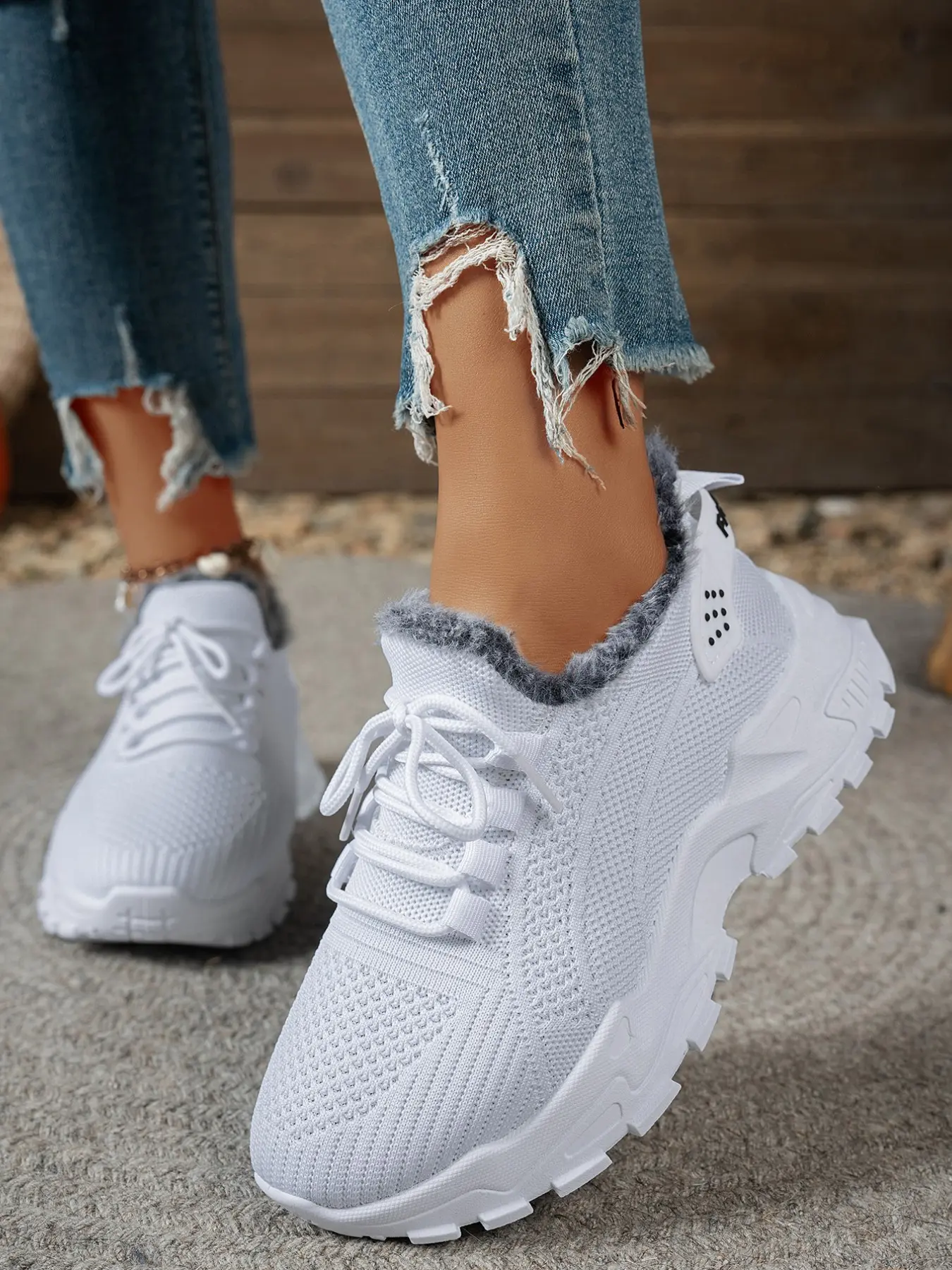 2026 New All- Fleece Lining Flyknit Dad Trainer Sneaker Shoes for Women, Winter Thick Warm Anti-Slip Sole Casual Sports Shoes