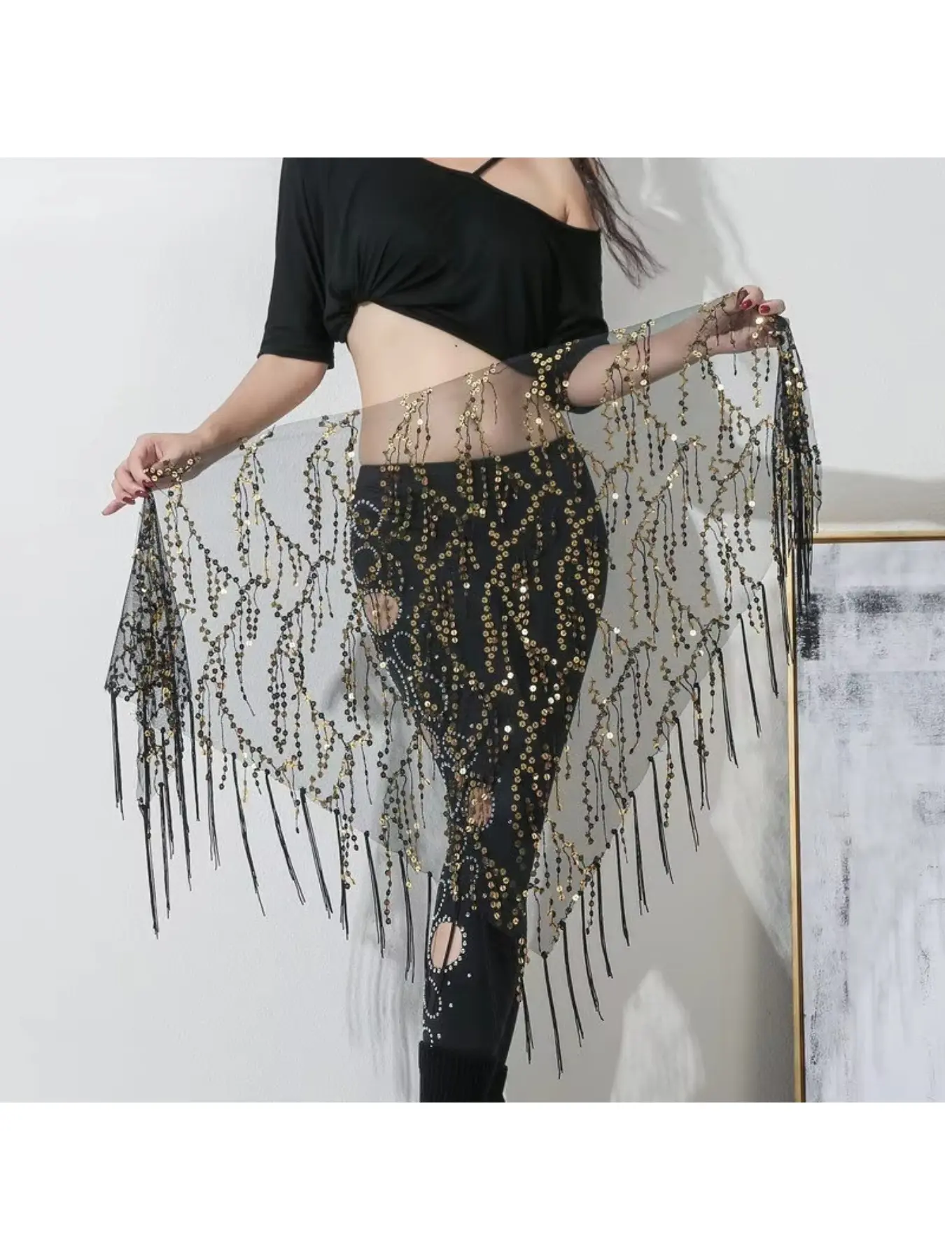 Belly dance hip towel, sequined tassel dynamic triangle towel waist chain,Sequin Tassel Mesh Waist Wrap Skirt