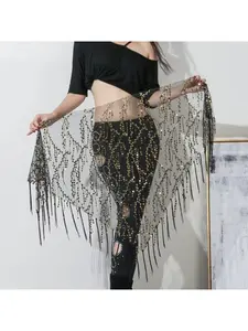 Belly dance hip towel, sequined tassel dynamic triangle towel waist chain,Sequin Tassel Mesh Waist Wrap Skirt
