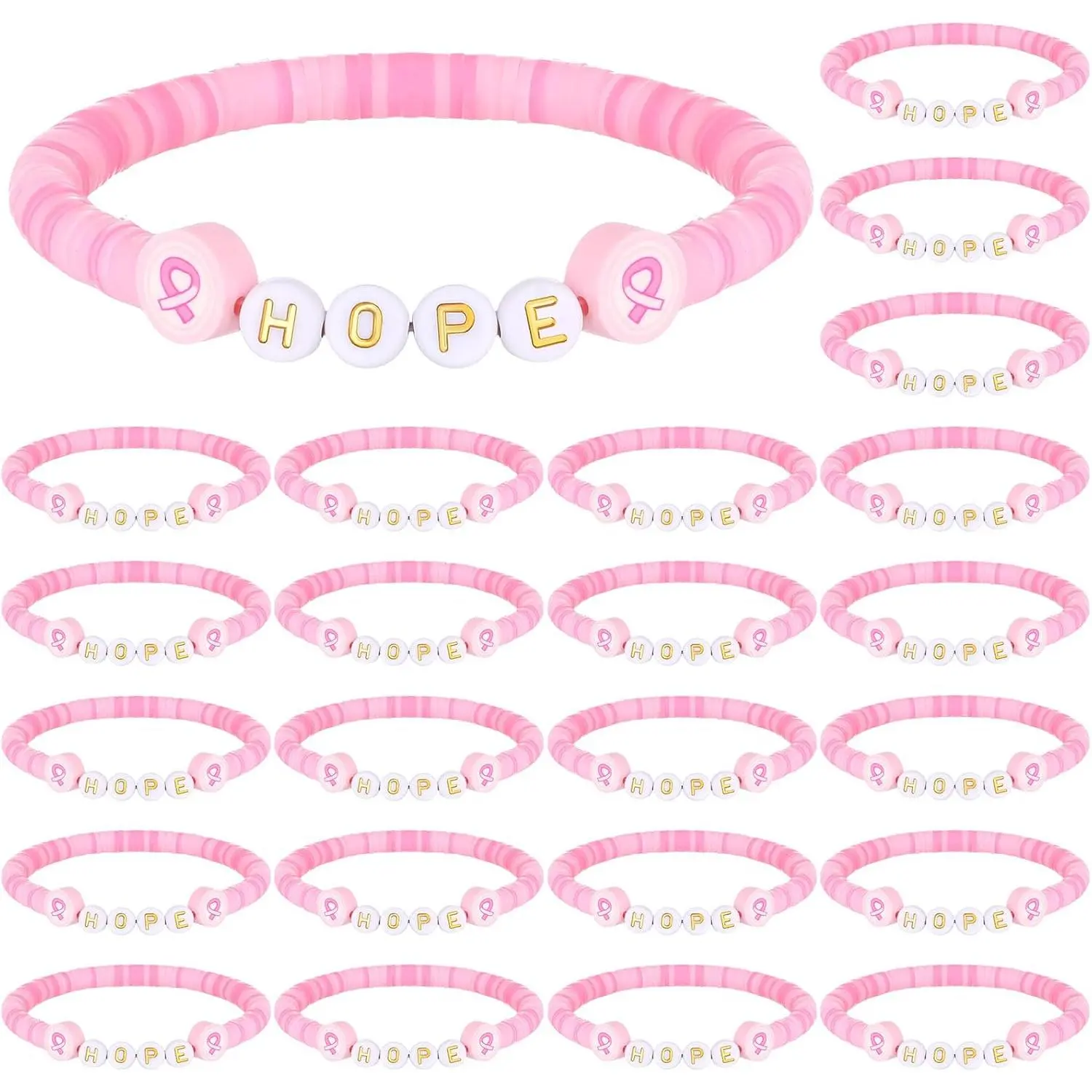24 count Breast Cancer Awareness Bracelet Bulk Hope  Ribbon Polymer Clay Beaded Bracelets Inspiring Breast Cancer Awareness Wristband Accessories Gifts Bulk for Women Party Supplies Favor