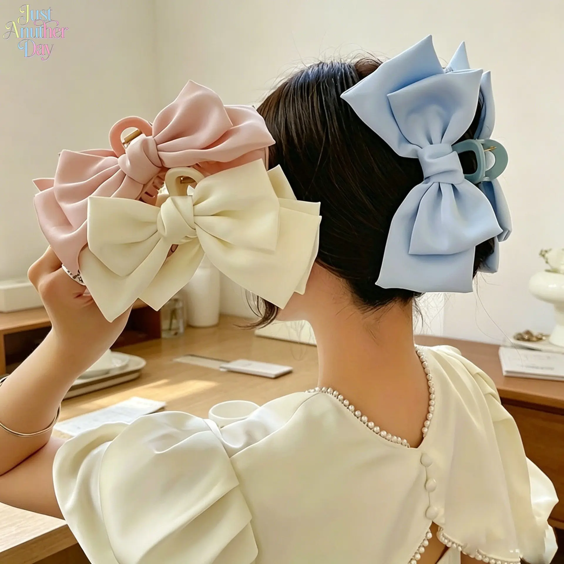 4Pcs Solid Satin Big Bow Shark Hair Claws Women Non Slip Strong Hold Large Bow Hair Grips Elegant Back Head Bun Barrettes All-match Sweet Hair Accessories For Daily Dating Travel Summer Hairstyle