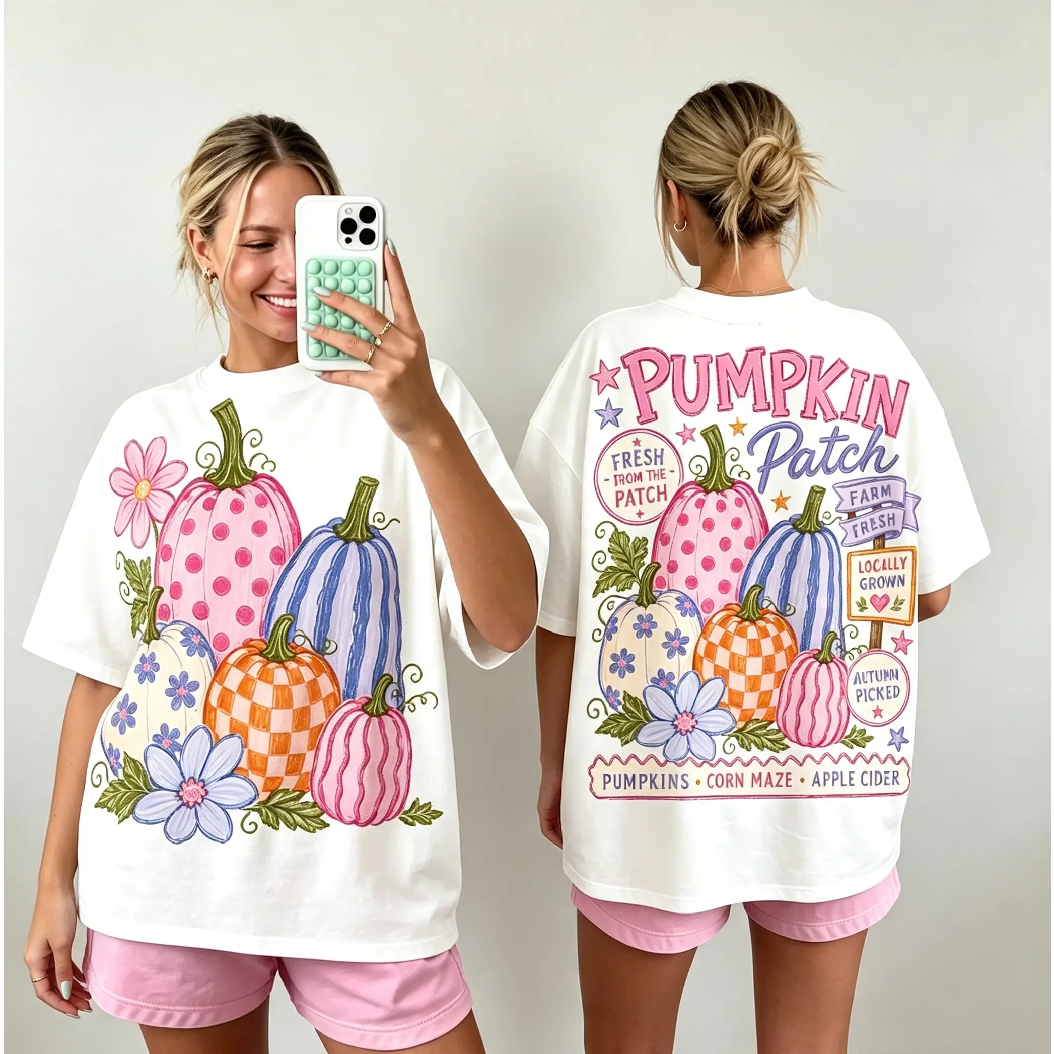 Cute Pastel Autumn Pumpkin Patch Printed T‑Shirt,Colorful Pumpkin Print, Casual Autumn Daily T‑Shirt,Warm Holiday Gift For Fall Season Enthusiasts And Pastel Style Lovers#TikTokMadeMeBuyIt#TikTokShop#HalloweentownShirt
