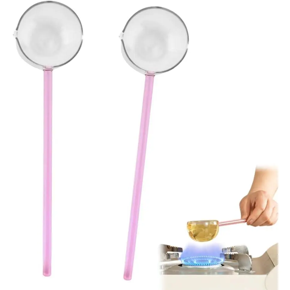 2 count 9.65” Heat Glass Ladle, High Temperature Borosilicate Glass Mixing Utensil Ladle with Pourable Mouth Can Be Heated Directly with Open Flame for  Kitchen Banquet Restaurant Soup Spoon,