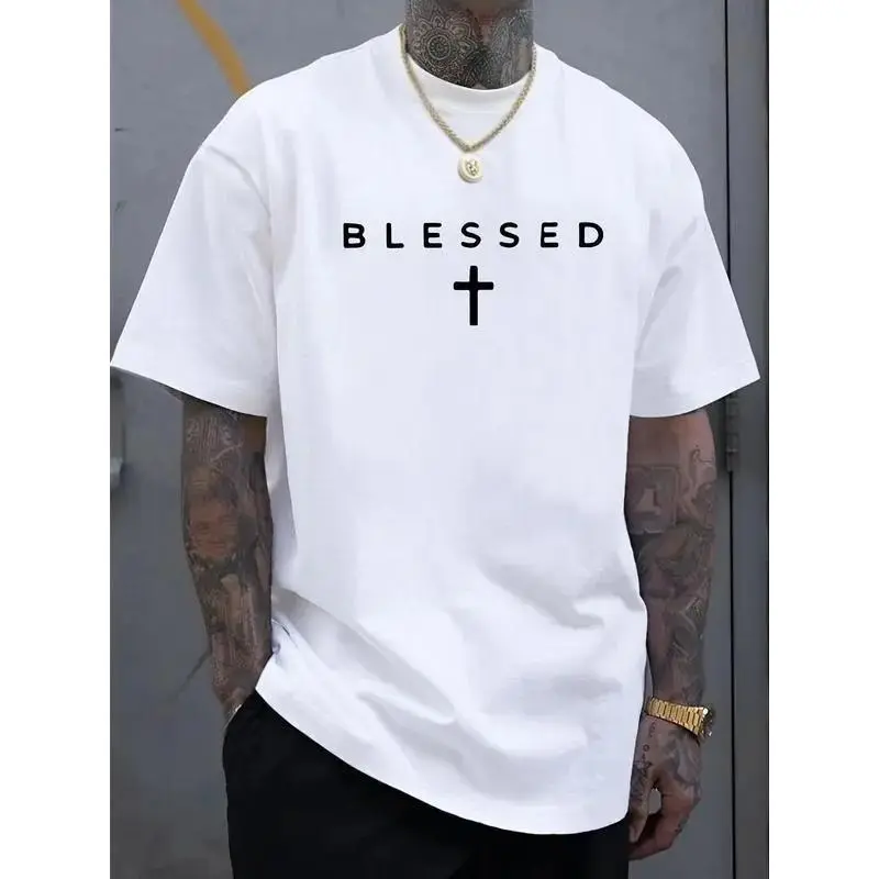 Men's "BLESSED" Cross Graphic T-Shirt, Casual Stretchy Cotton Streetwear Top, Short-Sleeve Lightweight Regular Fit for Summer, Graphic T Shirts, Men's T Shirts