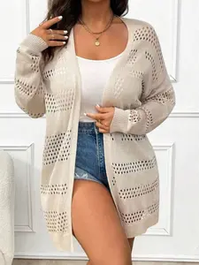 Plus Size Knit Cardigan with Polka Dot Pattern, Off-Shoulder Design, Ideal for Fall & Winter, Women's Loose-Fitting Outerwear