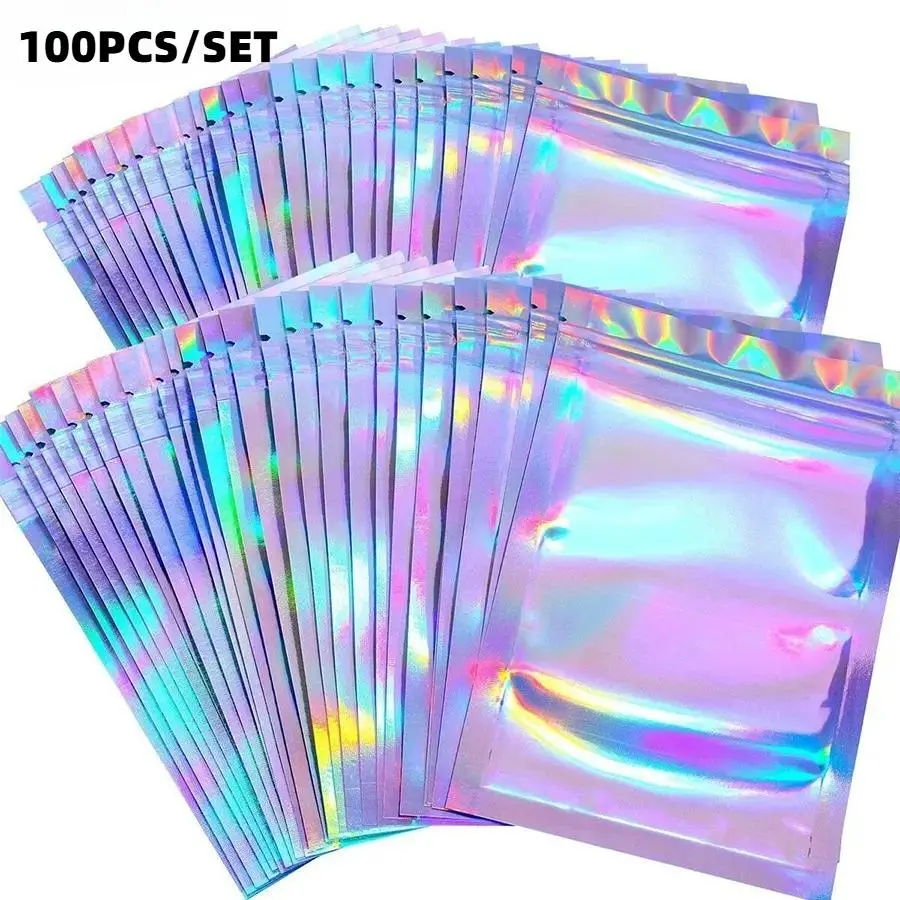 Holographic Laser Resealable Zip Lock Bags – No-Hole Flat Top Self Sealing Clear Jewelry Pouches, Iridescent Rainbow Plastic Packaging for Small Business, Earring, Bead & DIY Craft Storage