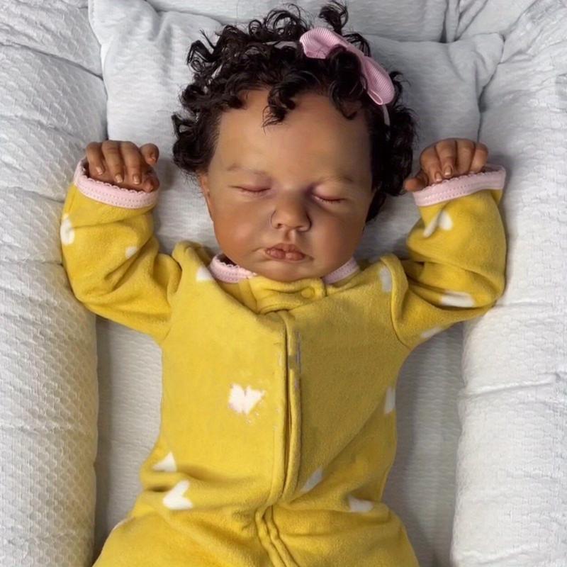 Whimsy & Wit-48cm/19inch Asleep  Baby Doll Toy| Black Brown Skin Vinyl Limbs Cloth Body, Lifelike Fashion, Birthday Gift Play House Toy (Including Pacifier, Diaper, and Bottle),Realistic Weighted  Baby Doll,Girl Gift Reborn sleeping