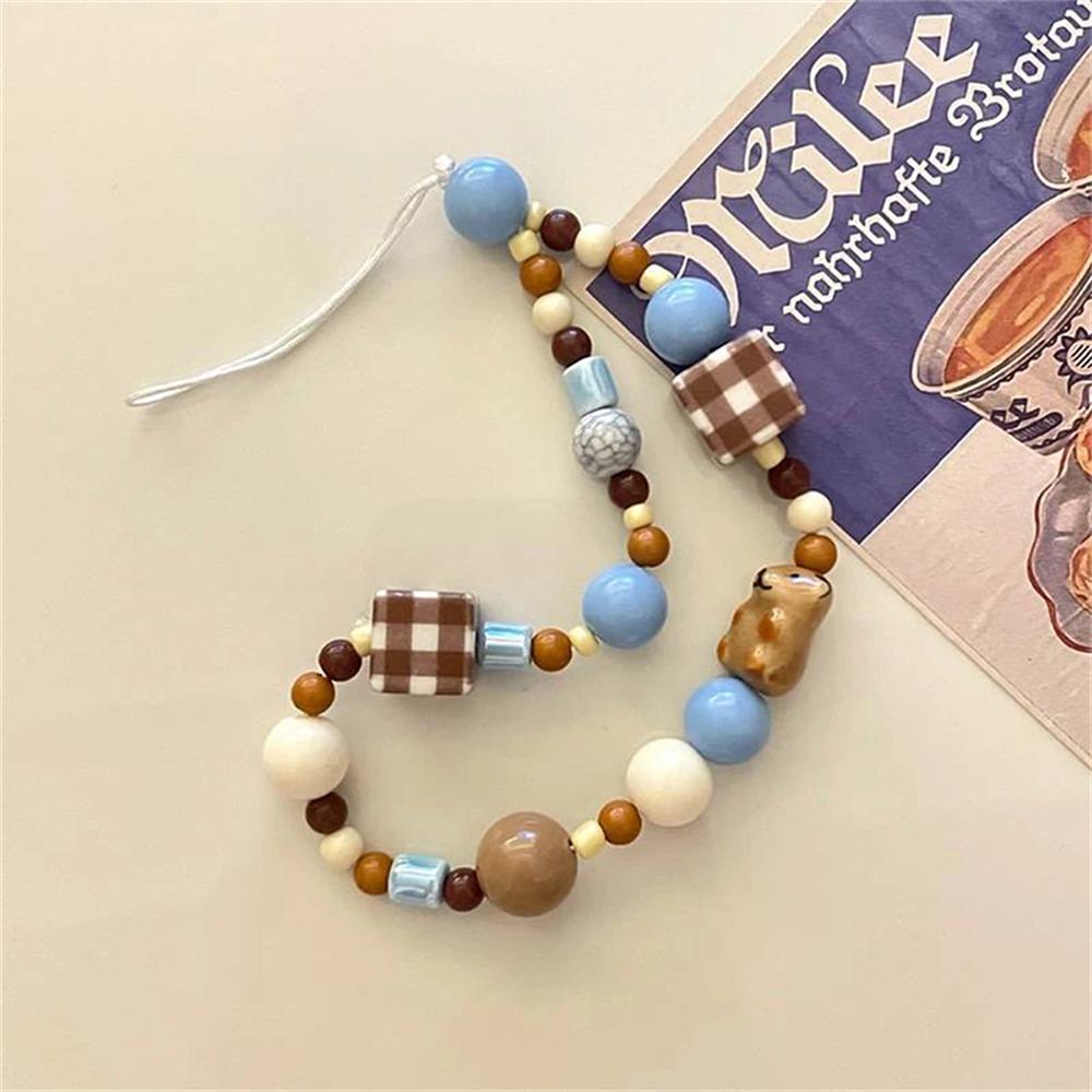 Y2K Handmade Vintage Cell Phone Lanyard Cute Phone Charm Wrist Strap Keychain Brown Bear Bead Pendant For Girl Decor Rope Gift