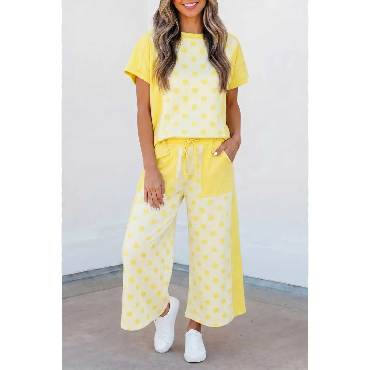 Green Color Block Patchwork Polka Dot Wide Leg Pant Set matching sets  women
