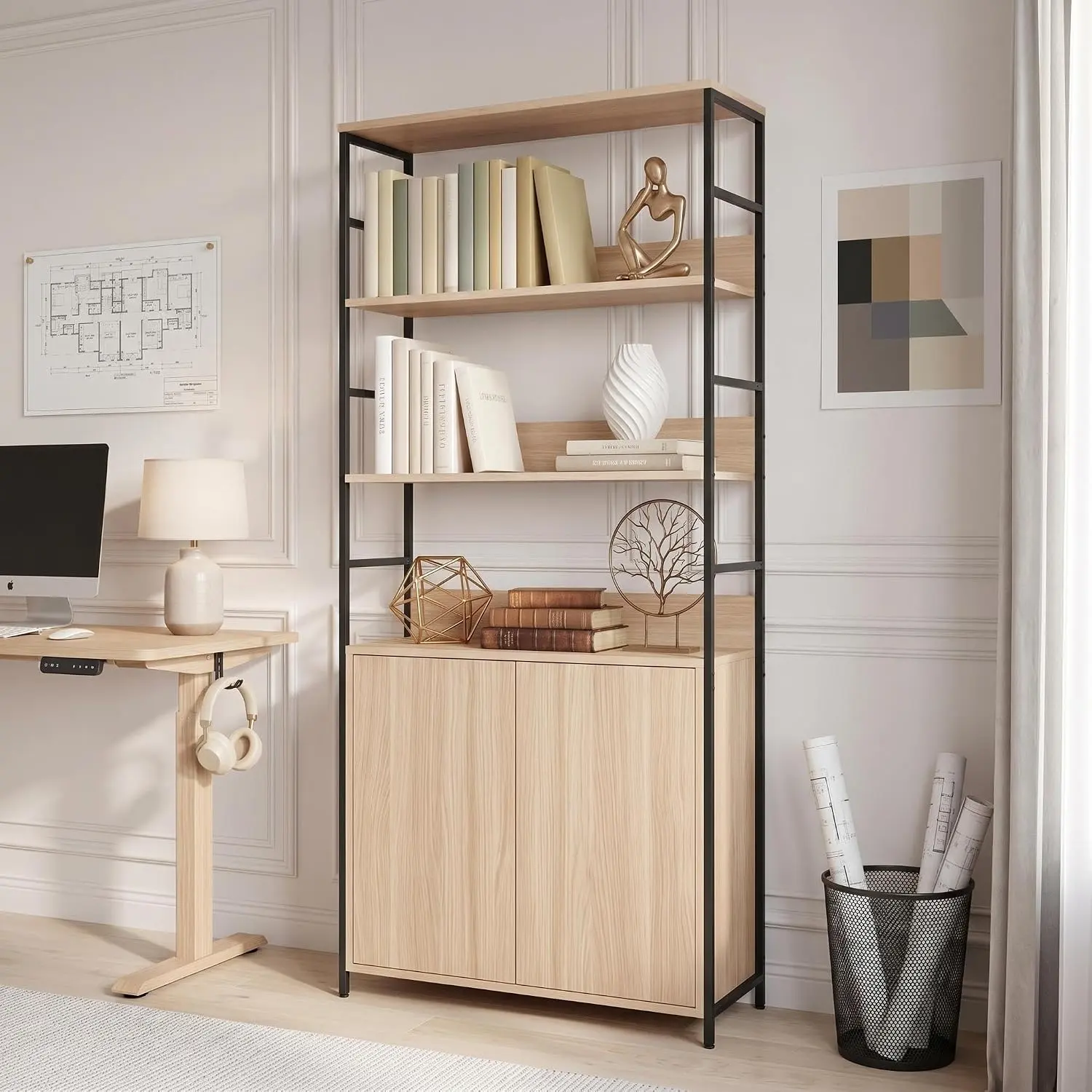 71”Tall Bookshelf with Doors - Industrial Display Standing Shelf Rack with 3-Tier Shelves & Metal Frame, Bookcase with Adjustable Shelf and Protective Rails for Living Room, Office