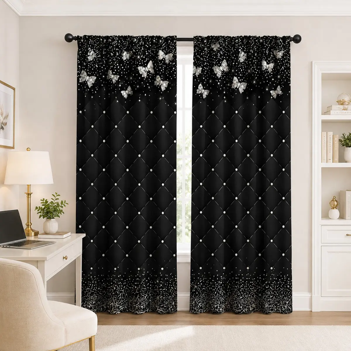 Base Silver Butterfly Rhinestone Curtain Set, 2-Piece Curtain Panels Light Blocking Starry Sky Curtains, Luxury Bedroom Decorative Window Drapes