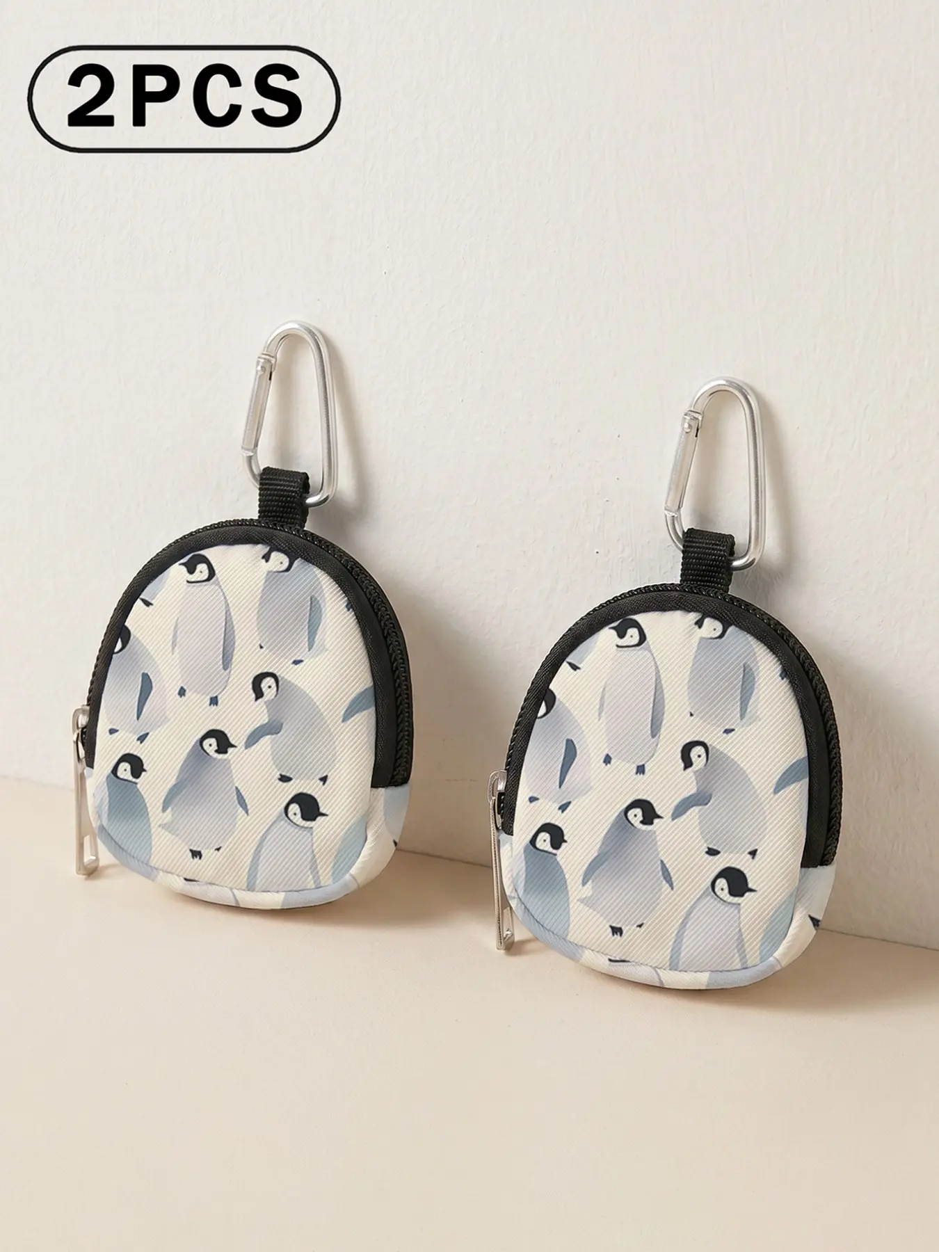 Penguin Pattern Mini Wallet, Lightweight Zipper Coin Purse, Clip Hook, Earphone Key Holder, Unisex, All Seasons, Casual Style