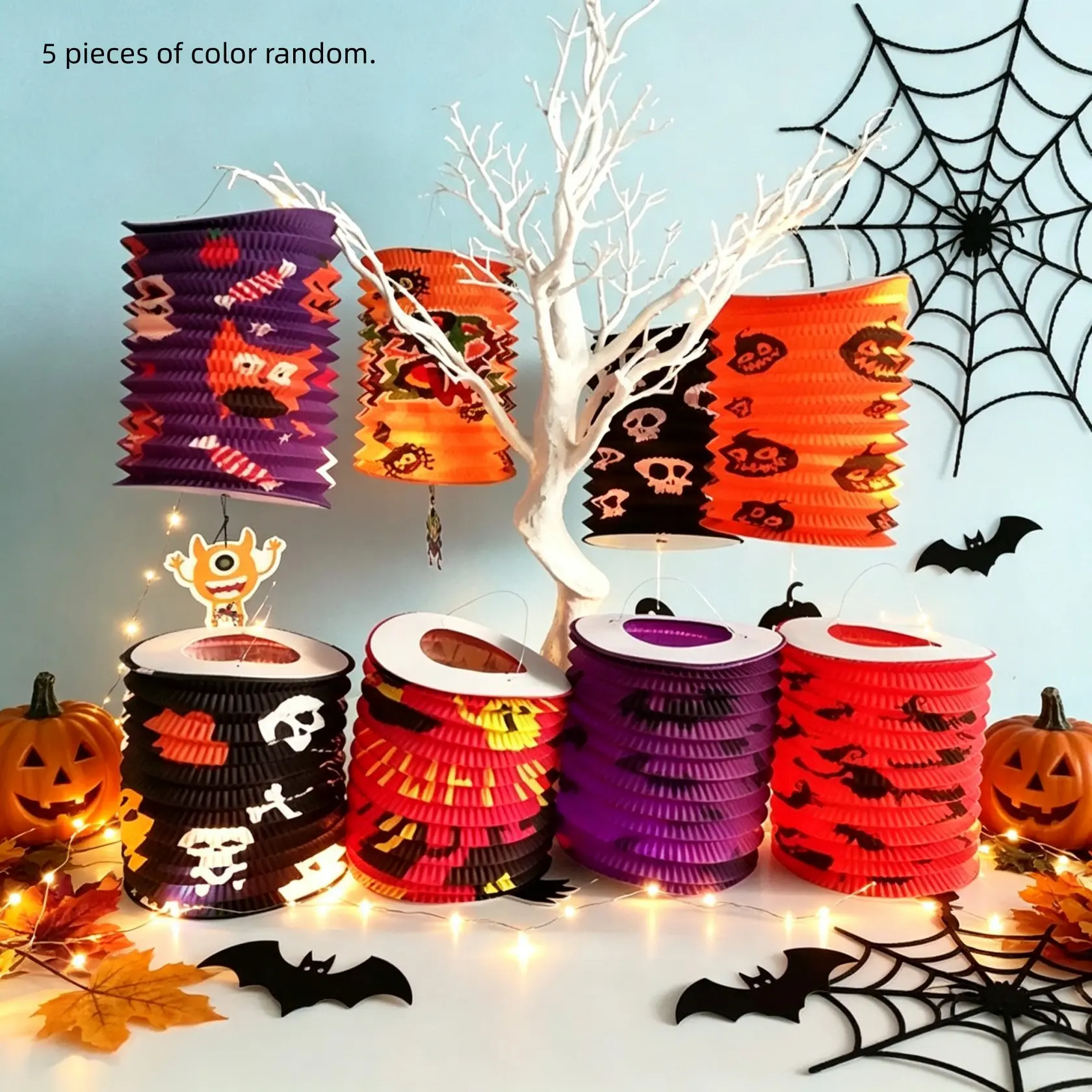 5 Piece Expandable Paper Lanterns, Home Decor Hanging Ornaments, Halloween Easter Party Decor, Ktv Bar Decor, Pumpkin Ghost Bat Shapes