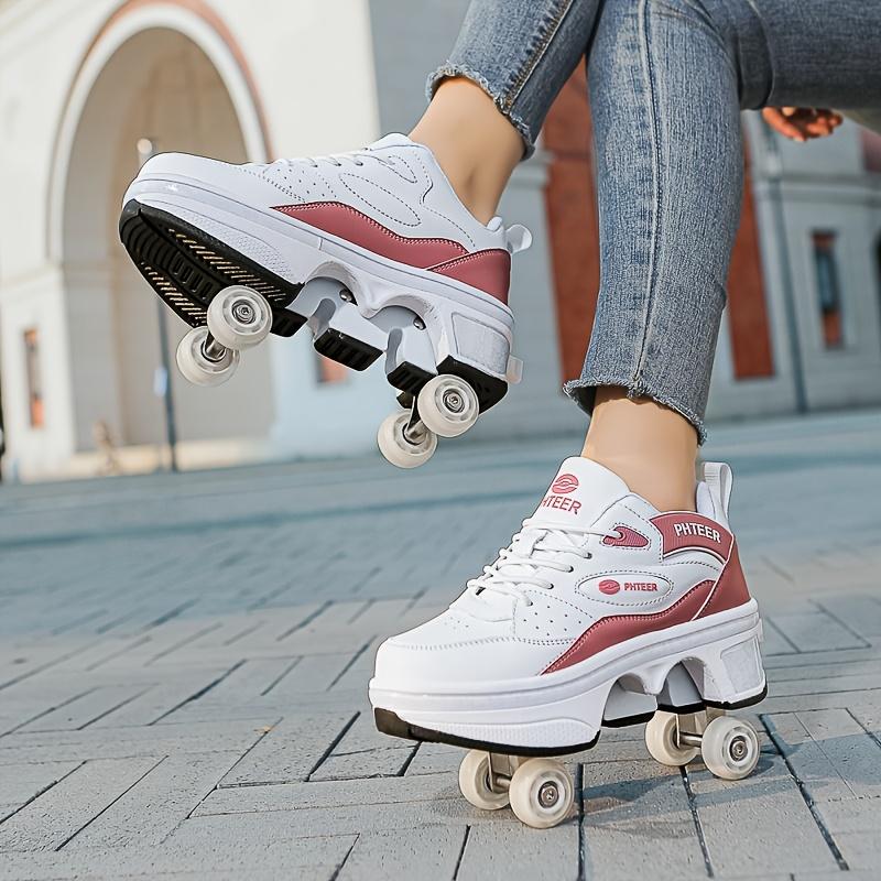 PHTEER 4-Wheel Roller Skates - Stylish Black & White, Lace-Up Design with Four-Wheel Support for Beginners, All-Season Use, Casual & Sports Skating Shoes, Casual Skating Shoes|Stylish Roller Skates|Laceup Skates
