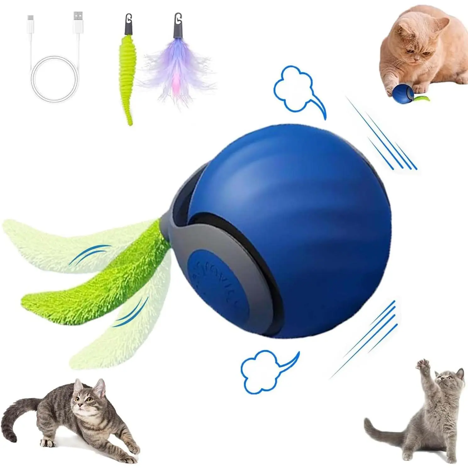 Interactive   Ball,Speedy Tail2.0  ,Automatic Interactive  Toys for Indoor Cats with 2 Tails,2Speeds Rechargeable  Enrichment Toys for Small/Medium/Large Cats to Keep Them Busy(Blue)