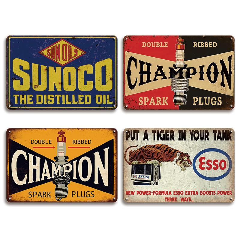 Vintage Gas & Oil Metal Tin Sign, 4 Counts/set Rustic Metal Wall Art for Gas Station, Bar, Garage, Man Cave Decor, Home Decor, Home Decor Products