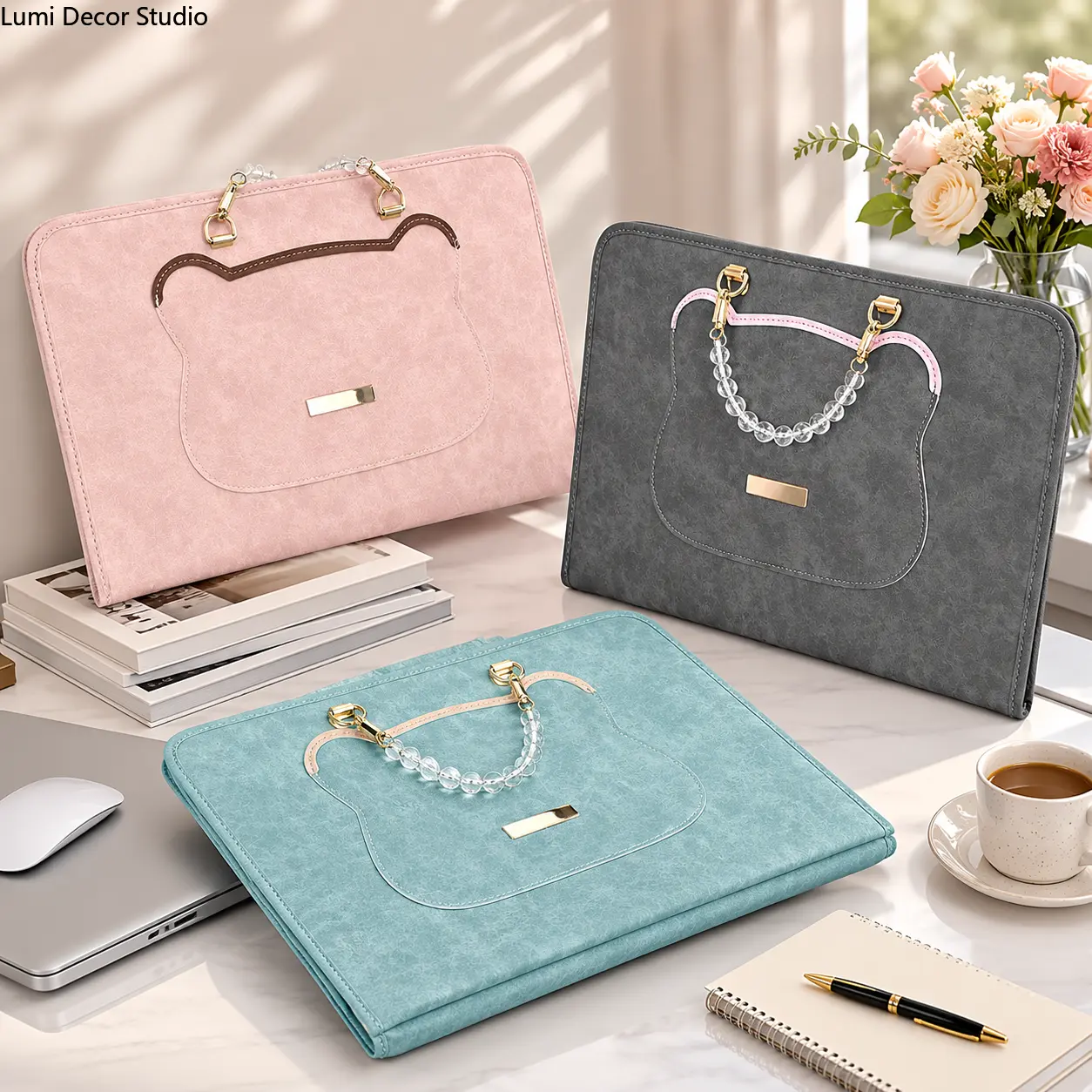 Synthetic Faux Suede Laptop Sleeve Bag - Lightweight Protective Cover with Pearl Chain Handle for School/Work Travel