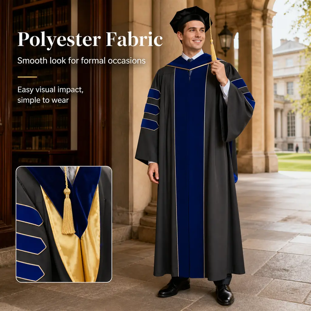 Men's Doctoral Graduation Gown Set - 100% Polyester Academic Regalia with Blue Velvet Trim, Doctoral Cap with Tassel, Matching Academic Hood, Formal Attire for Commencement, Grad Photoshoot