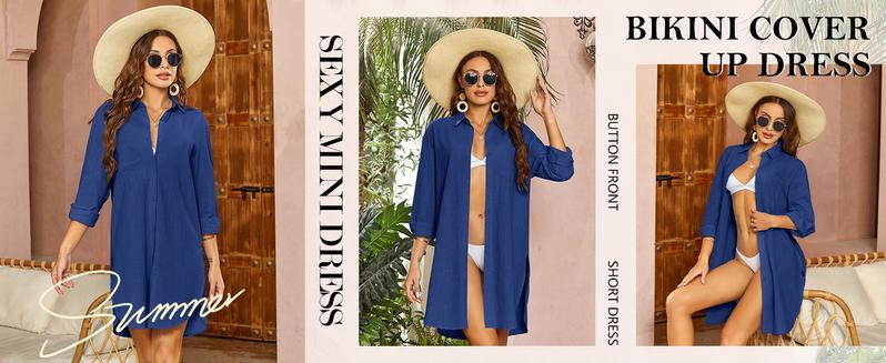 Saodimallsu Womens Button Down Shirts Linen Cotton Long Sleeve Blouse Tunic Tops Cover Up Shirt Loose Beach Bikini Dress