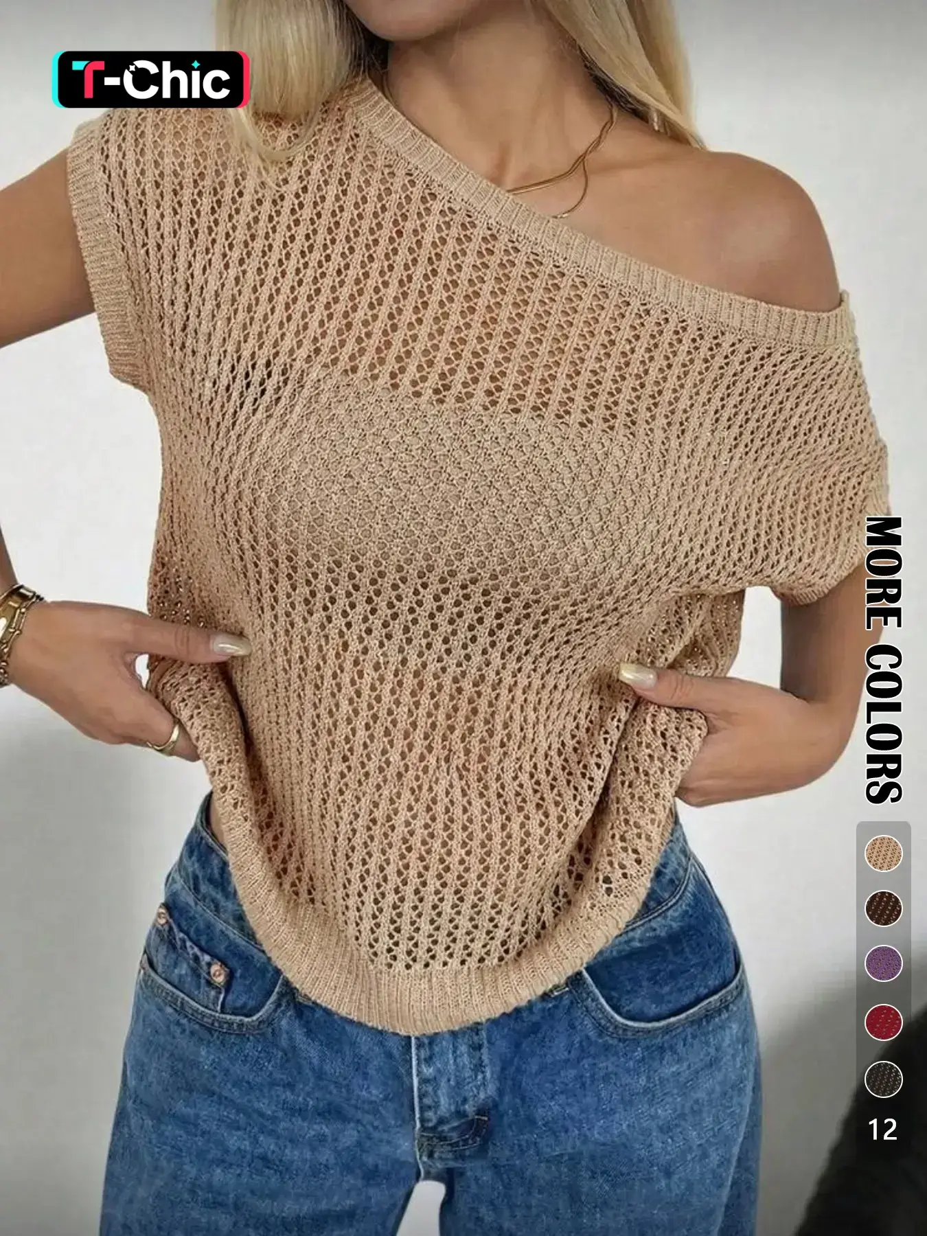 Women's Summer Hollow Out Fashion Elegance Casual Asymmetrical Shoulder Short Sleeve Pullover Top, Sexy Beach Vacation Knit Sweater