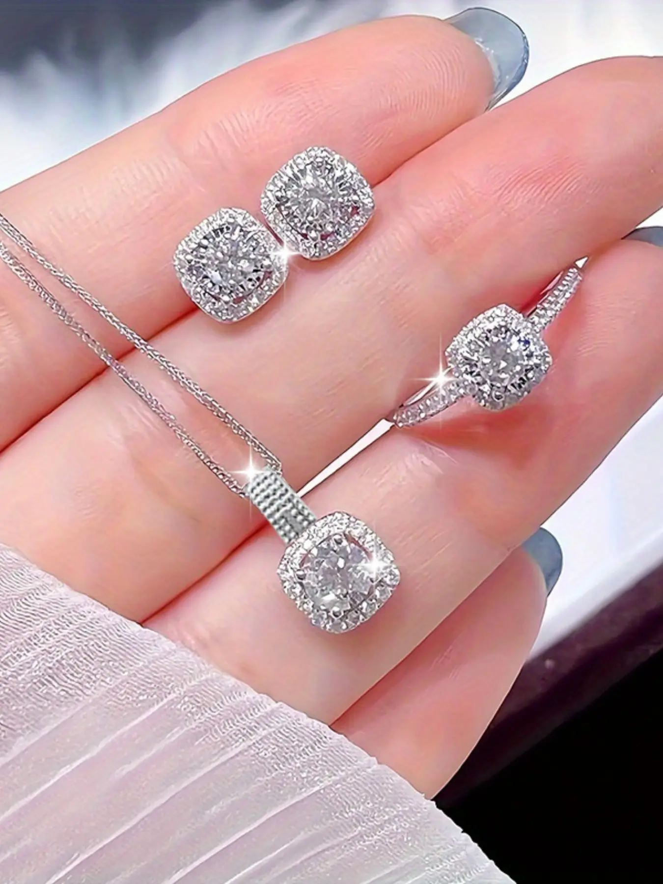 Elegant Luxurious Shiny Necklace Earrings Ring Set, Creative Beautiful Fashionable Versatile Memorial Gift, Jewelry Accessories