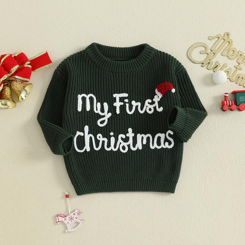 Infant Baby Girls Boy Knit Sweater Christmas Hat and Letter Embroidery Crew Neck Pullover Long Sleeve Tops 0-18 Months