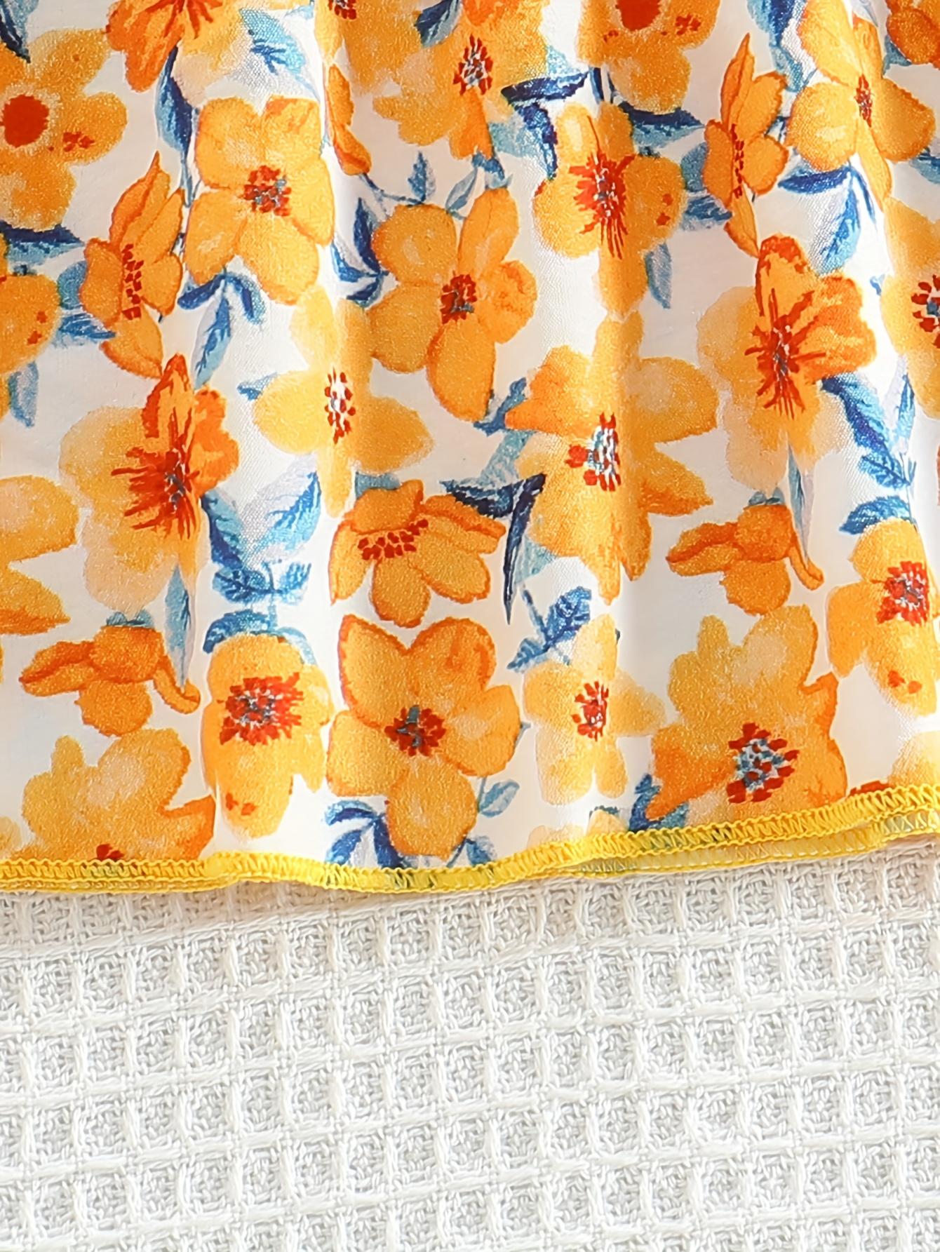 Girls' Patchwork Yellow Romantic Floral Print Dress with Belt, Elegant Princess Skirt Party and Evening Wear, Soft, Suitable