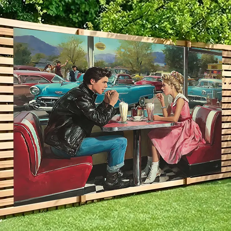 One 1950s retro restaurant backdrop - a romantic retro scene featuring small red tables and checkered floor - polyester fabric that doesn't require electricity - available in multiple sizes, suitable for Valentine's Day, weddings, and parties