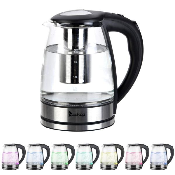 ZOKOP HD-1861-A 110V 1200W 1.8L Electric Glass Kettle US Plug with LED Lights, 360° Rotation Base, Auto Shut-off, and Mesh Filter for Spill Proof Pours Automatic