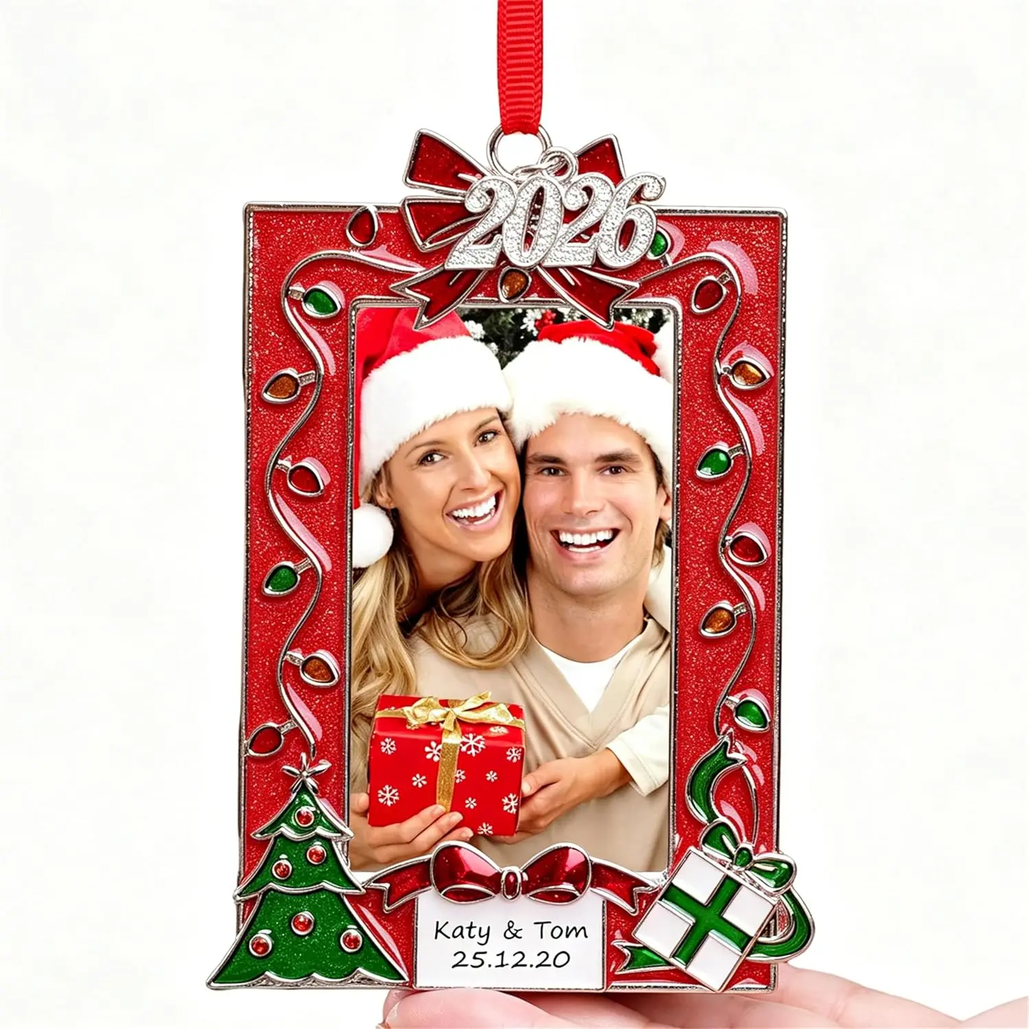 2026 Christmas Photo Frame Ornament, Red Metal with Green Accents, Holiday Tree Decoration, Personalized Date or Name, Two Ways to Use (Red 3)