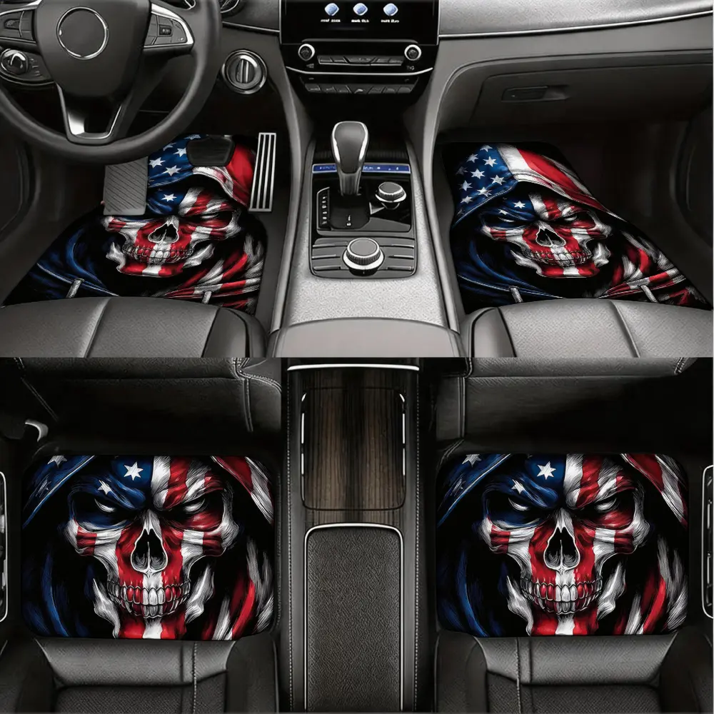 Patriotic American Flag Skull Car Floor Mats, Universal Fit Auto Interior Accessories, 3D Printed Red White Blue Skeleton Design, Non-Slip Rubber Backing Waterproof Durable Material, For Men Women Truck Suv Sedan Drivers, Full Set 4 Pieces Front And Rear