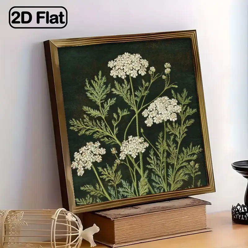2D Flat, 8x8 Inch Framed Floral Botanical Wall Art Poster - Dark Green & Wildflowers on Dark Olive-Green Wood Frame, Minimalist Modern for Home Decor for Living Room, Bedroom, Office - Easy to Hang with Hardware, Durable Flat Printed Nature-Inspired