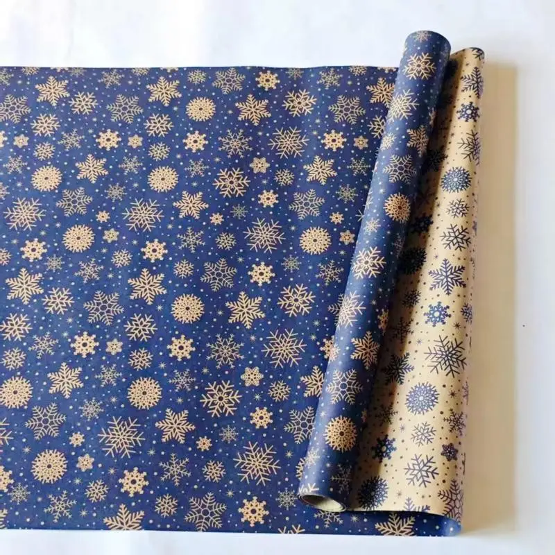1 roll of extended deep blue snowflake packaging paper - double-sided winter snowflake and navy blue gift packaging paper, thick waterproof kraft paper with plastic core, 16.9x118 inches, suitable for Christmas, New Year, and birthday party decoration