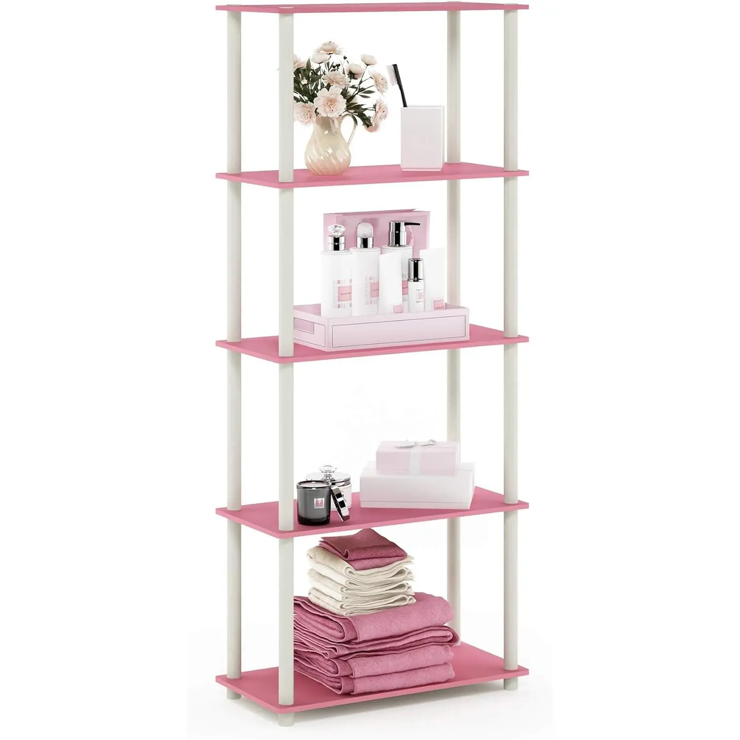 TURN-N-TUBE Storage Shelves, 5-Tier Book Shelf, Corner Shelf, Toolless Open Shelves, for Organization and Storage, Living Room, Garage, Home Office, Pink