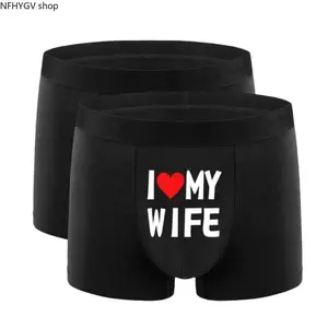 Men's 2-Pack Stretchy Boxer Briefs Black With I Love My Wife Love Print, 95% Polyester 5% Elastane Breathable Underwear In US Sizes S-XXL, Comfortable Daily Underpants For Sports Outdoor And Everyday Casual Wear
