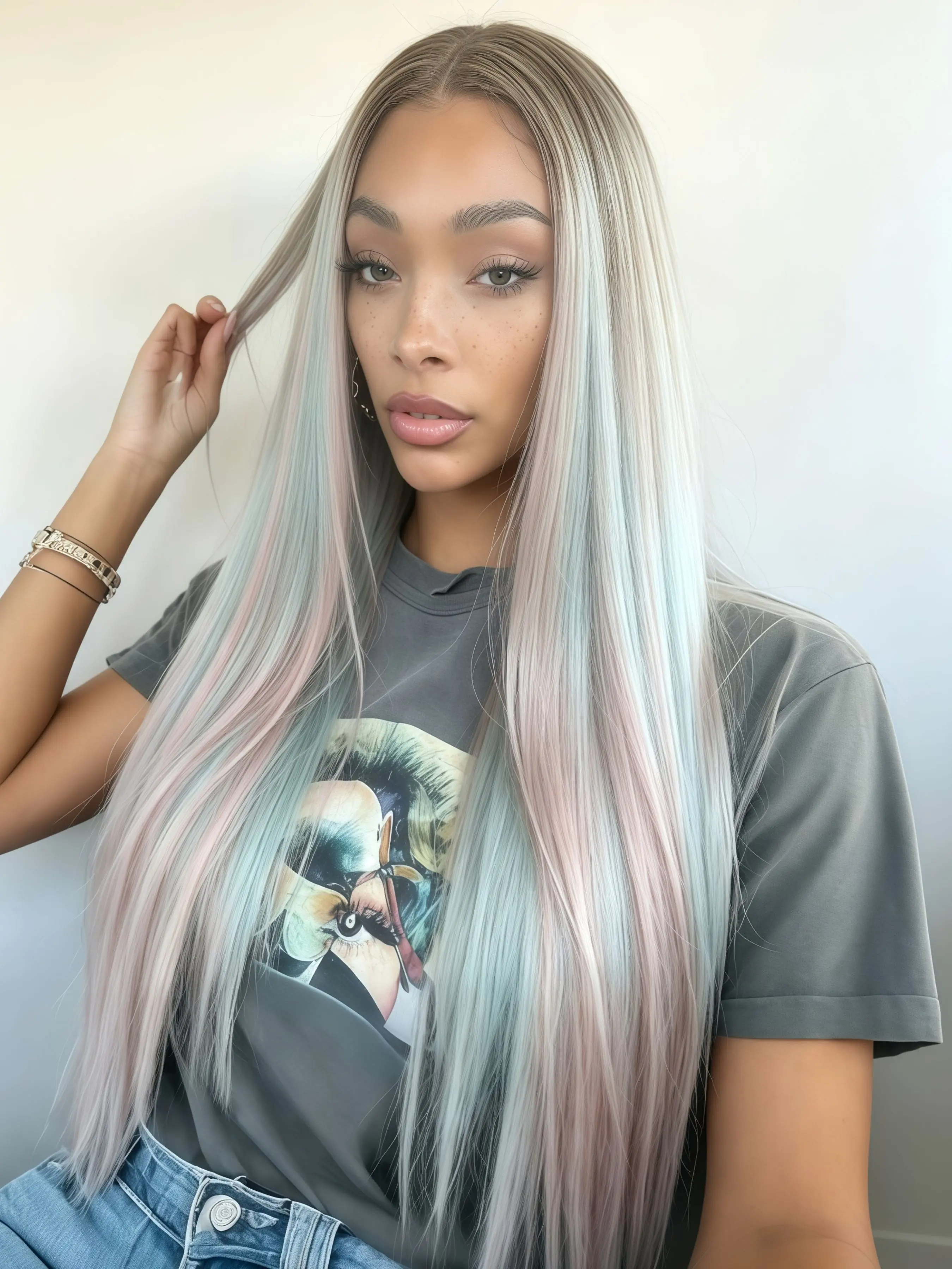 Pink Blue Rainbow Highlights Wig 13x4 Lace Front Wig Smooth Silky Long Straight Hair Pre Plucked Natural Hairline Heat Resistant Synthetic Fiber Wig Soft HD Transparent Lace Frontal Wig Festival Styling Straight Wig Cosplay Party Summer Wig 28 Inch