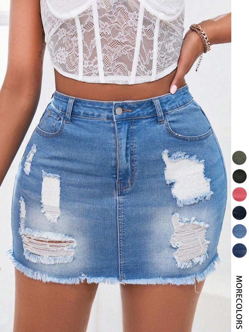 Women's Distressed Denim Skirt, Fashion Casual Ripped Short Skirt for Daily Outdoor Wear, Micro Skirt, Ladies Bottoms for Summer