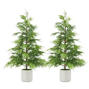 UV Resistant Realistic Faux Cedar Topiary Trees - 2 Pack Artificial Evergreen Plants with White Pot - Realistic Mini Pine Bonsai for Indoor Outdoor Home, Garden, Farmhouse Decoration
